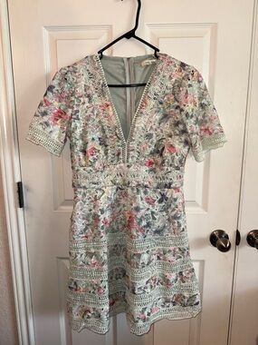 Just Me Floral Lace Mini Dress in Mint with Pink Accents